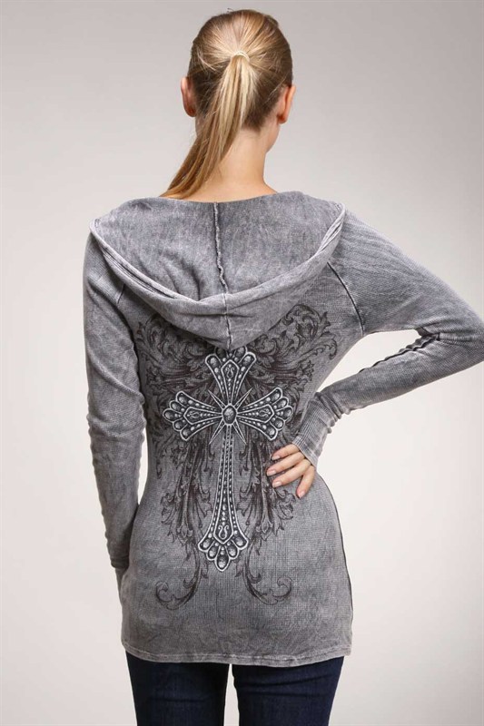 Rhinestone Thermal Hoodie - Cross by Urban X