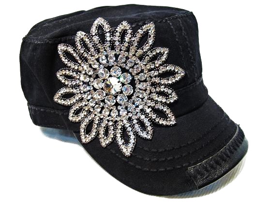 Olive & Pique Bling Flower Black Cadet Hat