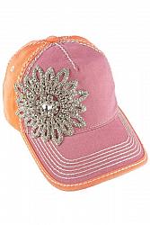  #HT-14603 Crystal Flower Two Tone High Contrast Baseball Hat by Olive & Pique - Pink/Orange