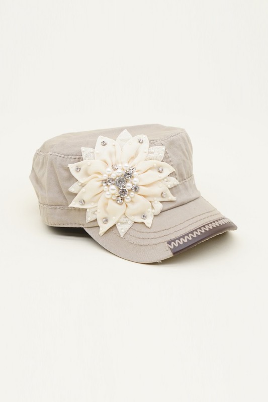 Olive & Pique Womens Bling Rhinestone Flower Cadet Hat - Khaki