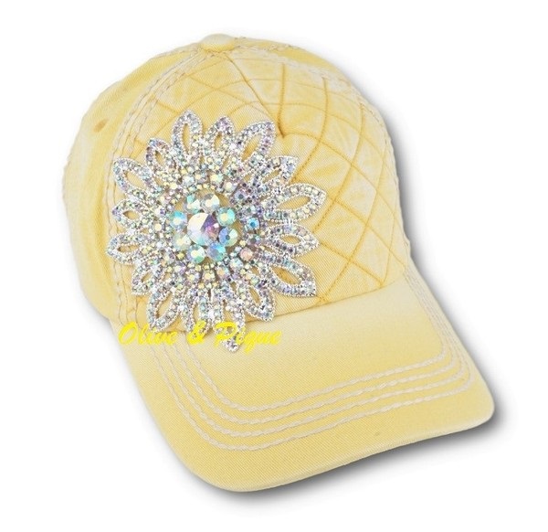 Olive & Pique Quilted Washed AB Crystal Flower Baseball Hat - Yellow