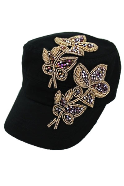 Gold Beads Purple Leaves Rhinestone Cadet Cap - Black