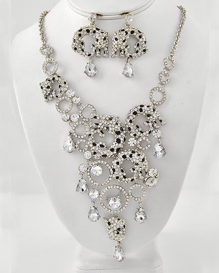 Clear Rhinestone Leopard Necklace & Earring Set