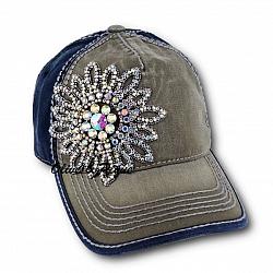 Crystal AB Flower Two Tone High Contrast Baseball Hat by Olive & Pique - Navy Blue/Moss