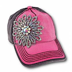 Crystal AB Flower Two Tone High Contrast Baseball Hat by Olive & Pique - Fushia/Charcoal