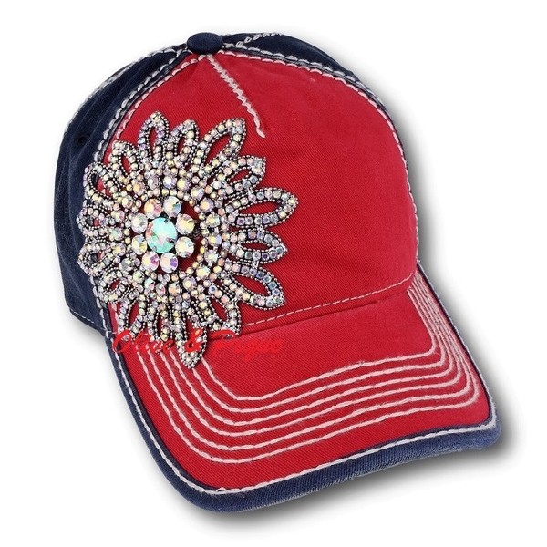 Crystal AB Flower Two Tone High Contrast Baseball Hat by Olive & Pique - Red/Navy Blue