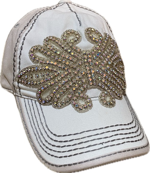 Iridescent Beaded Heavy Contrast Stitch Baseball Cap by Olive & Pique - Beige/Ivory