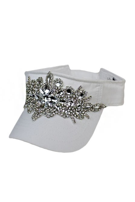 Bling Floral Crystal Rhinestone Visor Hat - White