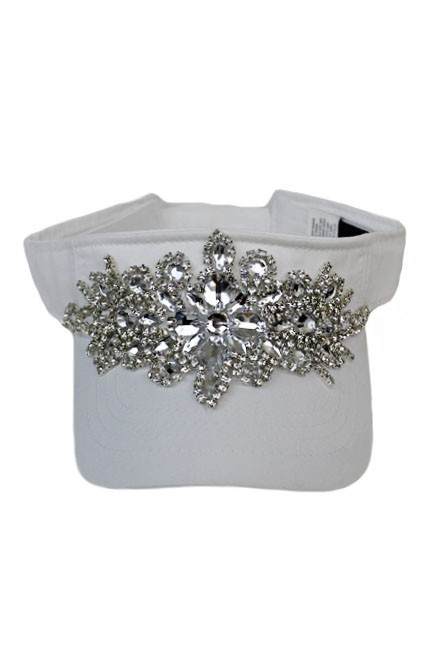 Bling Floral Crystal Rhinestone Visor Hat - White