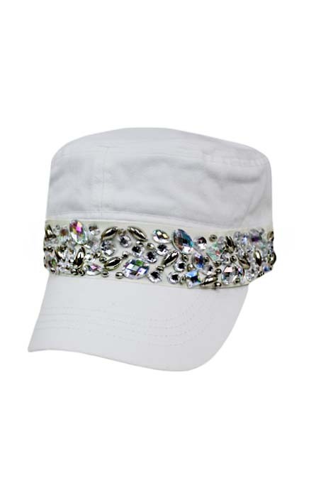 Bling Rhinestone Crystal Band White Cadet Hat