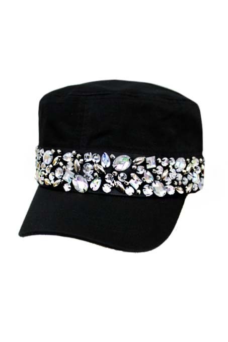 Bling Rhinestone Crystal Band Black Cadet Hat