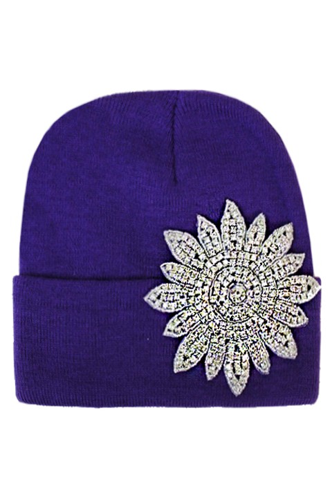 Bling Sunflower Crystal Rhinestone Long Beanie - Purple