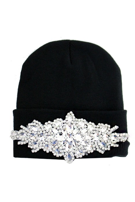 Clear Bling Colored Flower Crystal Long Beanie - Black