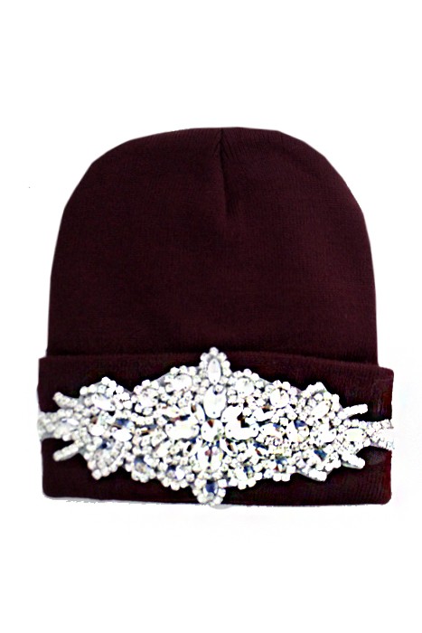 Clear Bling Colored Flower Crystal Long Beanie - Brown