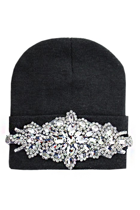 Clear Bling Colored Flower Crystal Long Beanie - Charcoal
