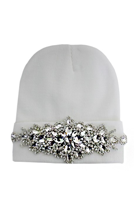 Clear Bling Colored Flower Crystal Long Beanie - White
