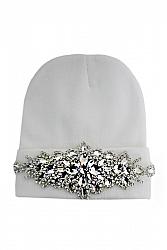 Clear Bling Colored Flower Crystal Long Beanie - White