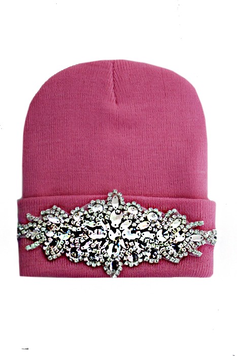 Clear Bling Colored Flower Crystal Long Beanie - Pink