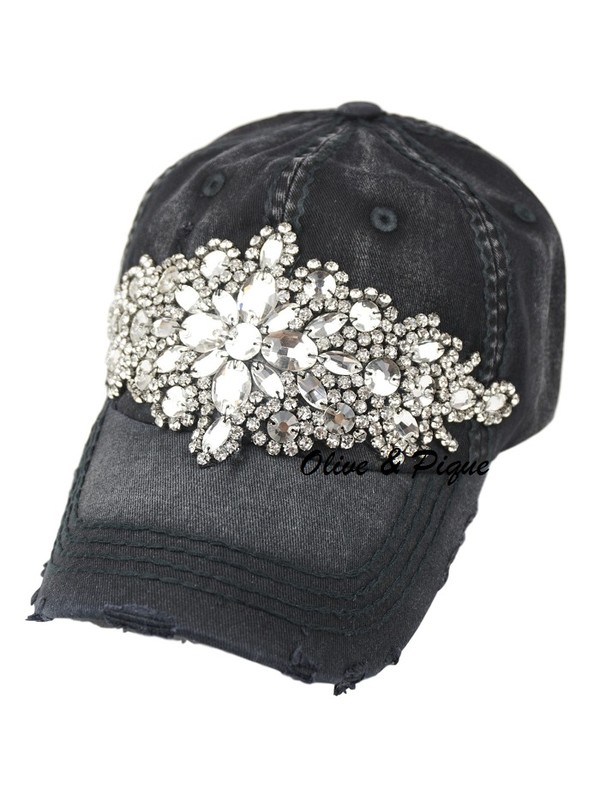 Olive & Pique Bling Glitz Distressed Baseball Hat - Black