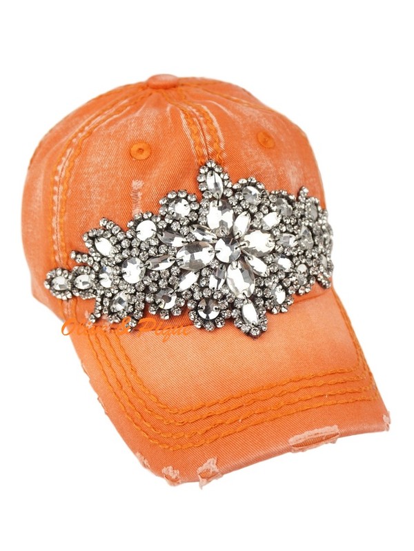 Olive & Pique Bling Glitz Distressed Baseball Hat - Orange