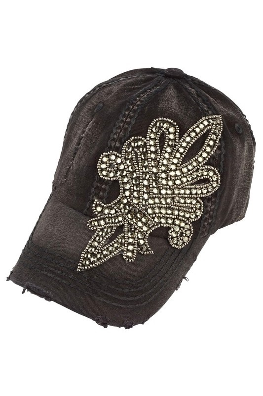 Bling Crystal Fleur de Lis Distressed Baseball Hat by Olive & Pique