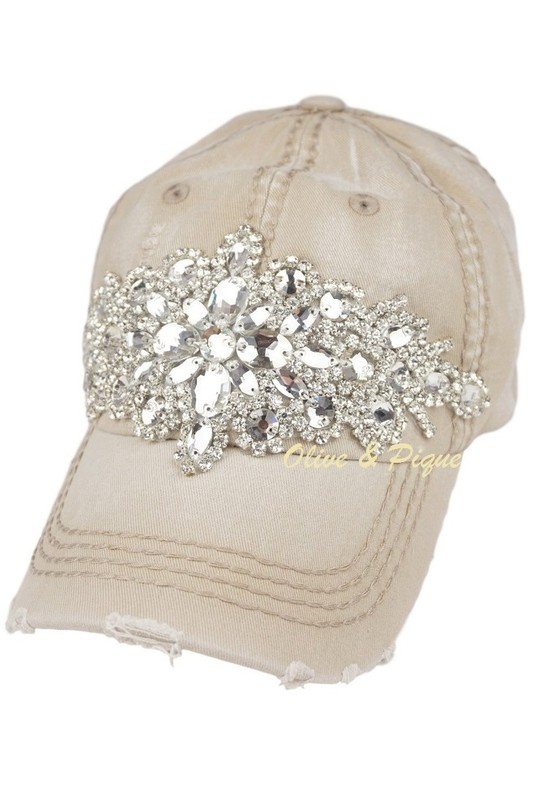 Olive & Pique Silver Glitz Distressed Baseball Hat - Beige