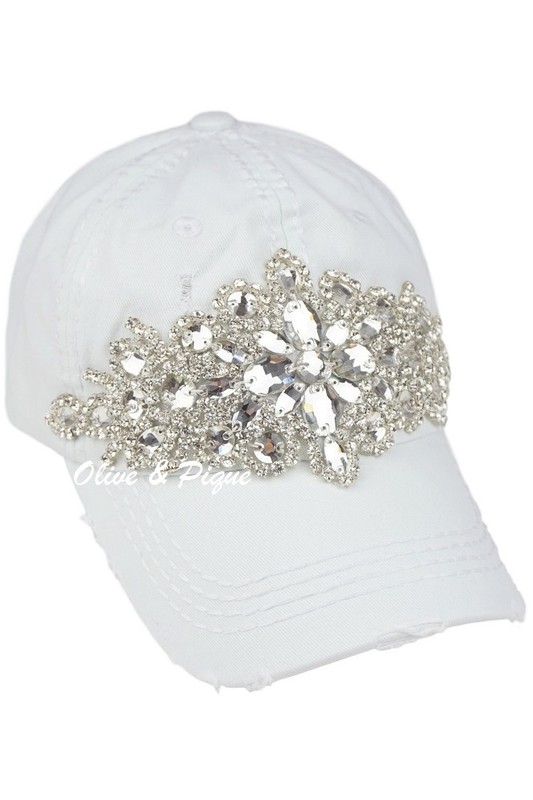 Olive & Pique Silver Glitz Distressed Baseball Hat - White
