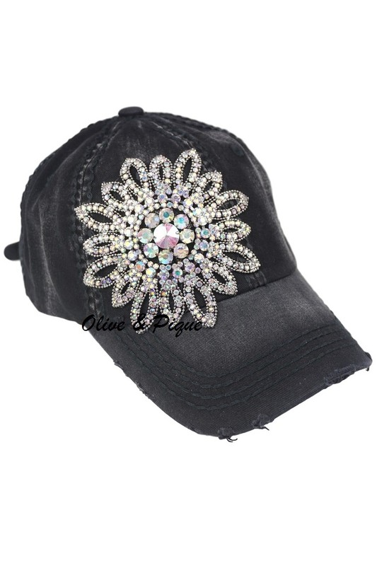 Bling Crystal Flower Distressed Baseball Hat by Olive & Pique