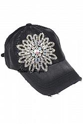 Bling Crystal Flower Distressed Baseball Hat by Olive & Pique