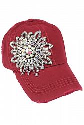 Bling Crystal Flower Distressed Baseball Hat by Olive & Pique - Dark Red