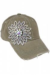 Bling Crystal Flower Distressed Baseball Hat by Olive & Pique - Olive