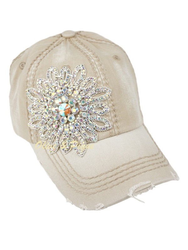 Bling Crystal Flower Distressed Baseball Hat by Olive & Pique - Khaki
