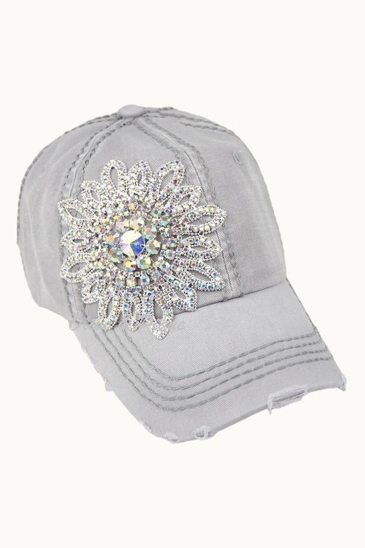Bling Crystal Flower Distressed Baseball Hat by Olive & Pique - Light Grey