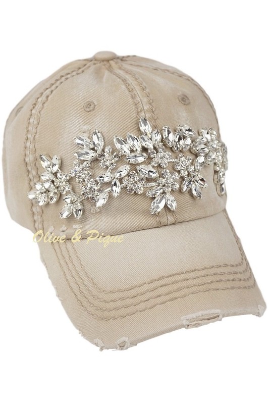 Glitz Distressed Baseball Hat by Olive & Pique - Khaki