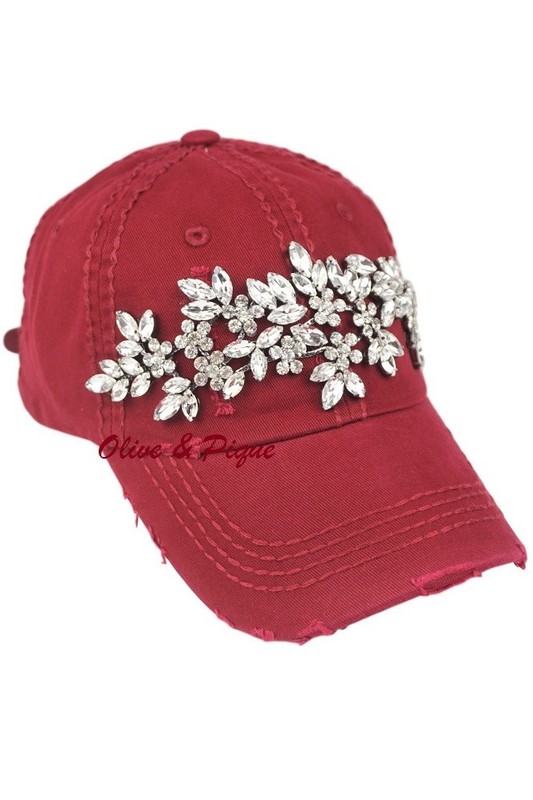 Glitz Distressed Baseball Hat by Olive & Pique - Burgundy Red
