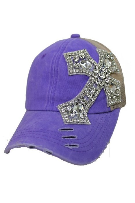 Cross Crystal Rhinestone Pigment Dyed Distressed Strap Back Purple Trucker Cap