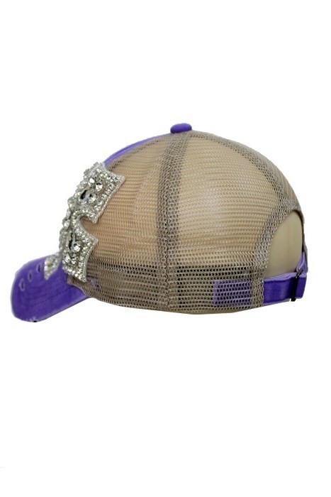 Cross Crystal Rhinestone Pigment Dyed Distressed Strap Back Purple Trucker Cap