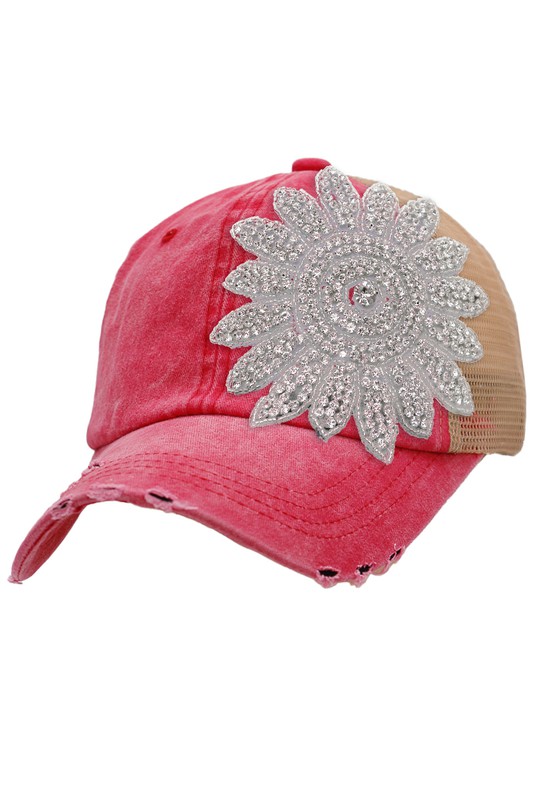 Sunflower Crystal Bling Rhinestone Patch Two Tone Distressed Trucker Hat - Hot Pink