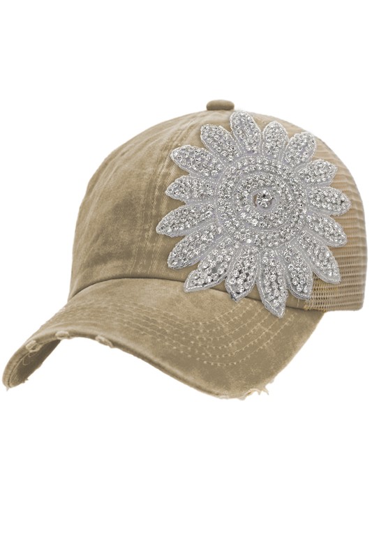 Sunflower Crystal Bling Rhinestone Patch Two Tone Distressed Trucker Hat - Khaki