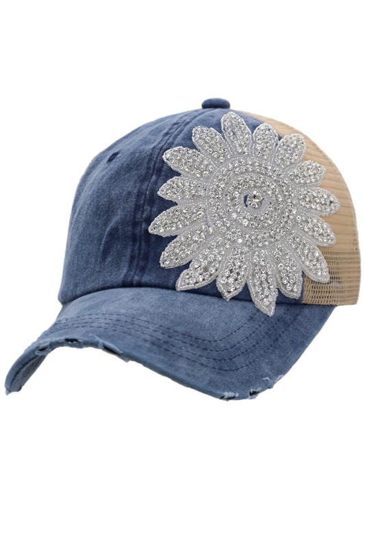 Sunflower Crystal Bling Rhinestone Patch Two Tone Distressed Trucker Hat - Navy Blue