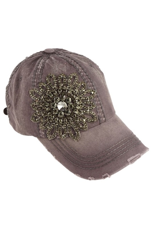 Olive & Pique Bella Glitz Distressed Baseball Cap - Gray