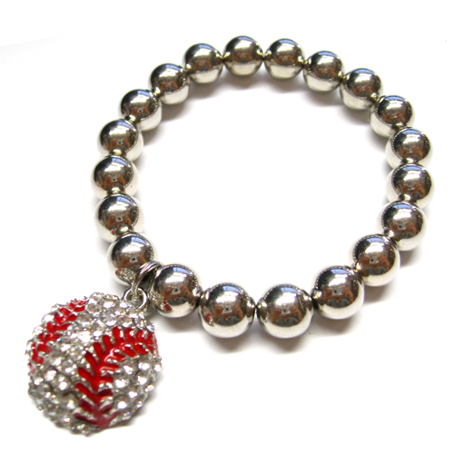 Baseball Rhinestone Charm Stretch Silver Ball Bracelet