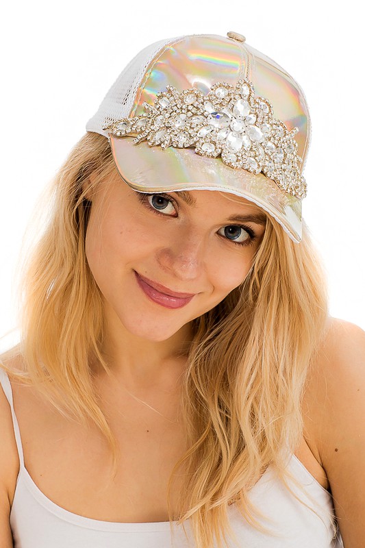 Flower Clear Crystal Rhinestone Embellished Metallic Reflective Trucker Hat