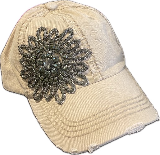 Olive & Pique Bella Glitz Distressed Baseball Cap - Beige