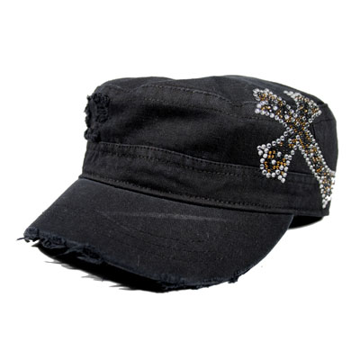 Black CADET CAP with Rhinestones - LEOPARD CROSS