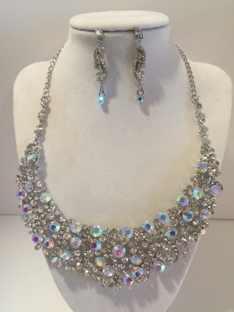 Rhinestone Crystal Necklace Earring Set-Silver/Clear AB