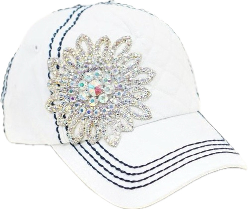 Olive & Pique Quilted Washed AB Crystal Flower Baseball Hat - White