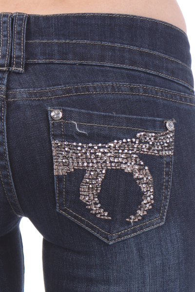 Faded skinny jeans with embroidered pocket and rhinestones