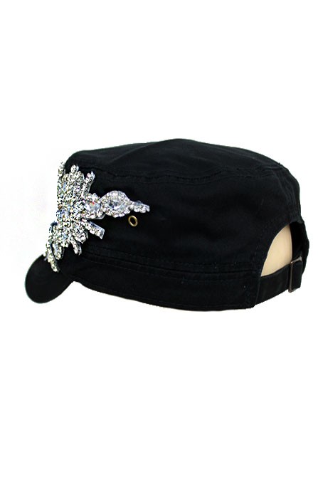 Bling Flower Crystal Rhinestone Washed Cotton Black Cadet Cap