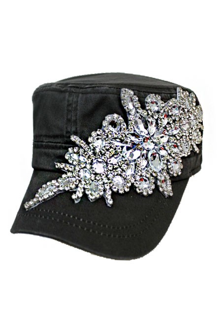 Bling Flower Crystal Rhinestone Washed Cotton Charcoal Cadet Cap